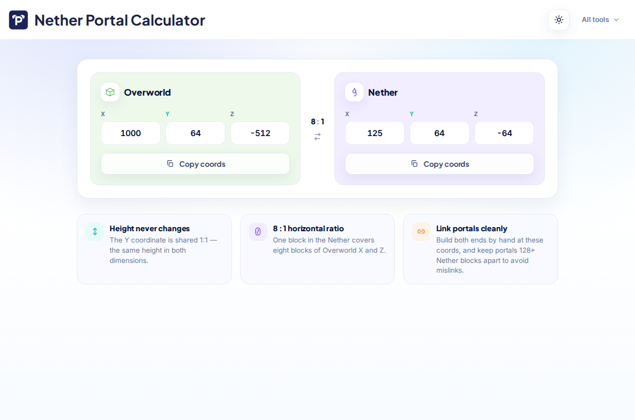 Nether Portal Calculator screenshot